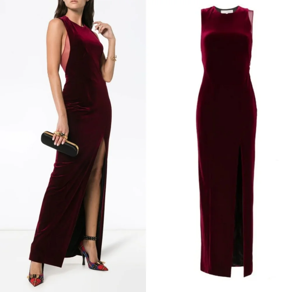 Galvan London Crescent Sheer Panel Thigh Split Velvet Wine Evening Gown Size 10 - Picture 7 of 17